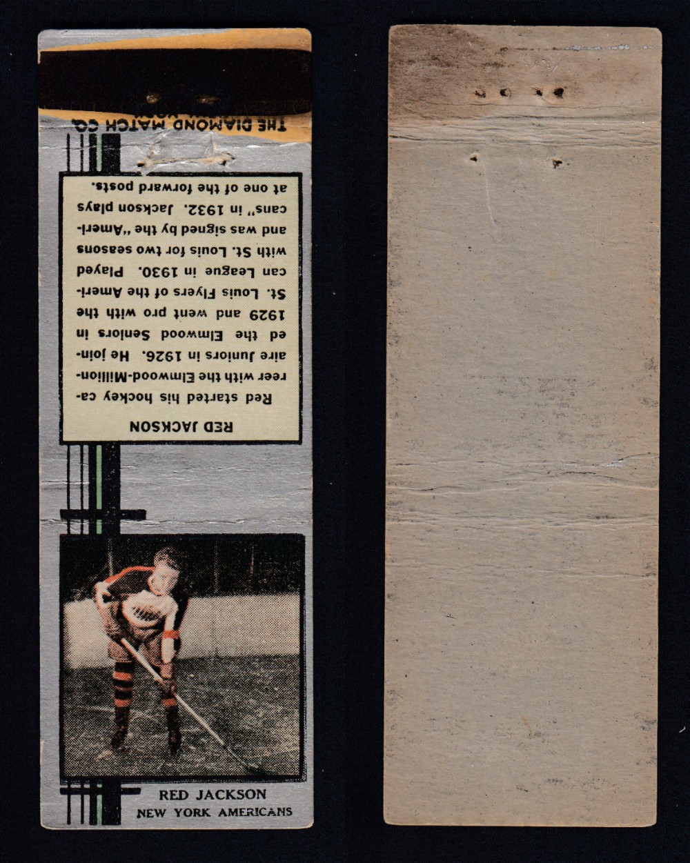 1933-34 DIAMOND MATCHBOOK HOCKEY CARD SILVER R. JACKSON photo