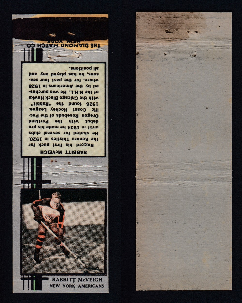 1933-34 DIAMOND MATCHBOOK HOCKEY CARD SILVER R. MCVEIGH photo