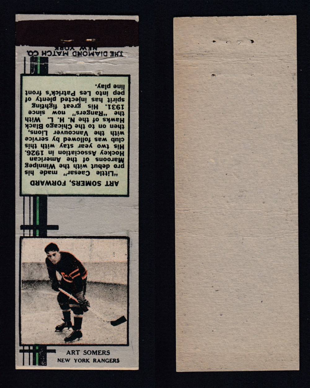 1933-34 DIAMOND MATCHBOOK HOCKEY CARD SILVER A. SOMERS photo