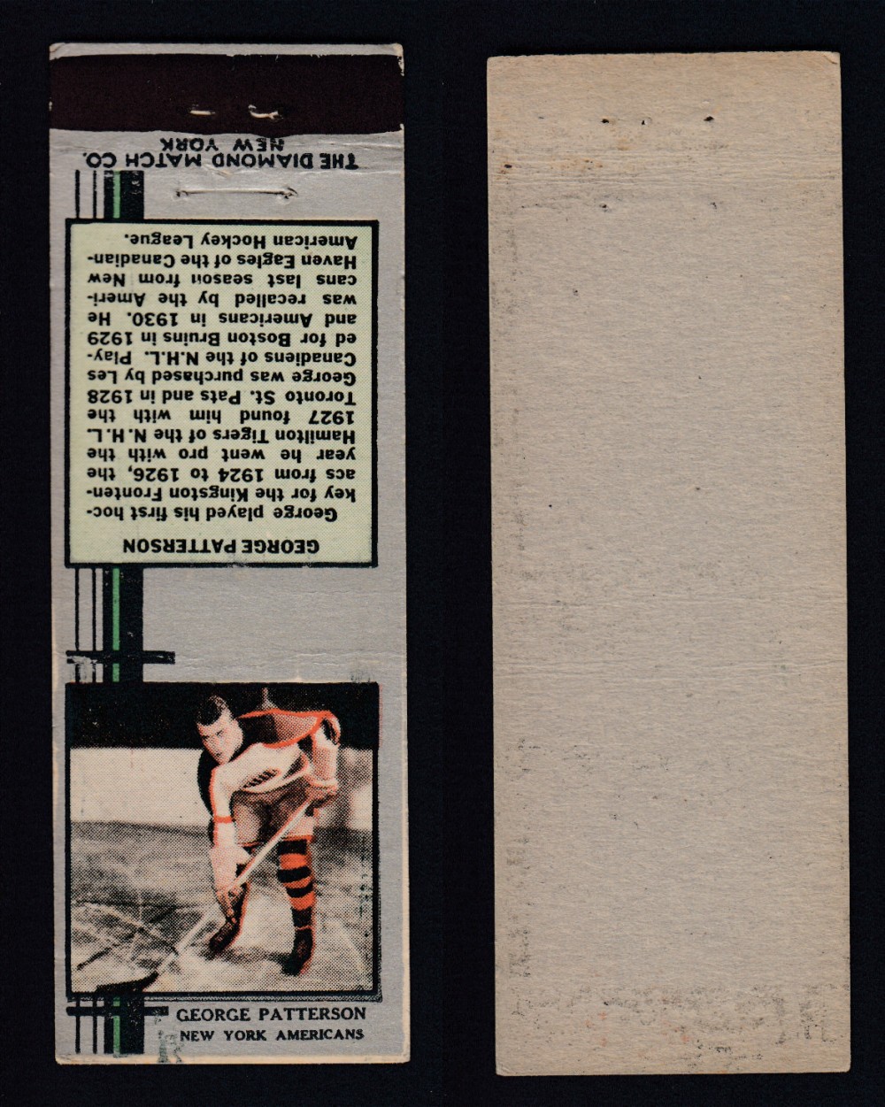 1933-34 DIAMOND MATCHBOOK HOCKEY CARD SILVER G. PATTERSON photo