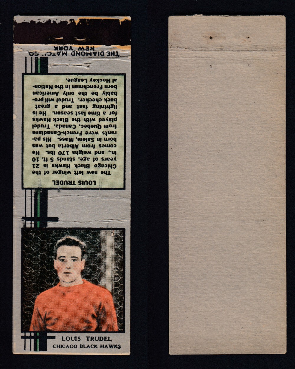 1933-34 DIAMOND MATCHBOOK HOCKEY CARD SILVER L. TRUDEL photo