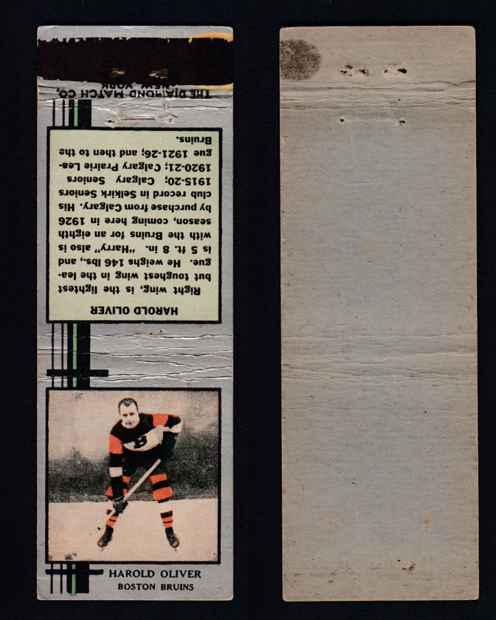 1933-34 DIAMOND MATCHBOOK HOCKEY CARD SILVER H. OLIVER photo