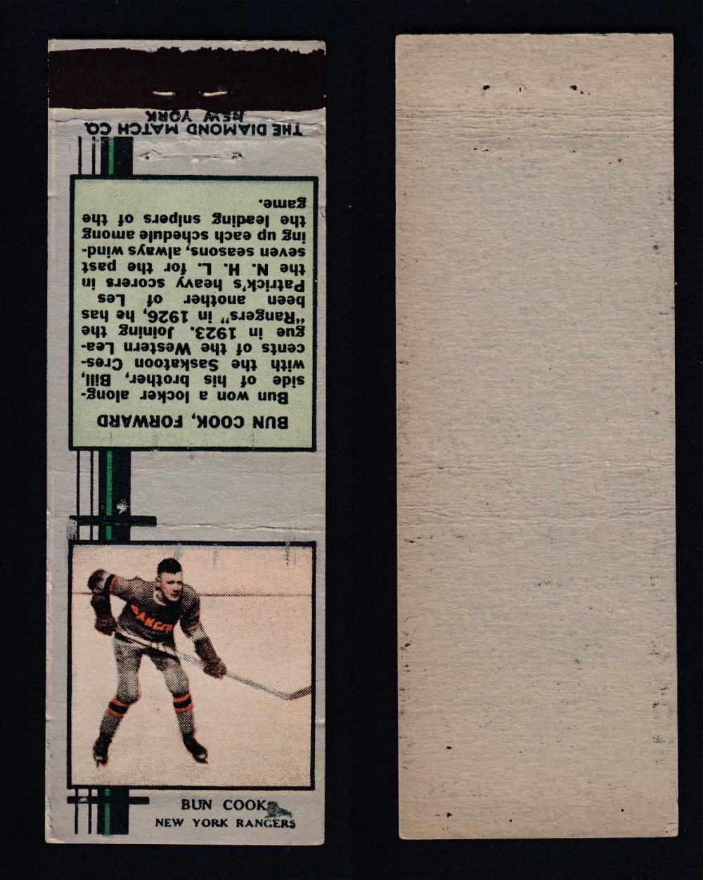 1933-34 DIAMOND MATCHBOOK HOCKEY CARD SILVER B. COOK photo