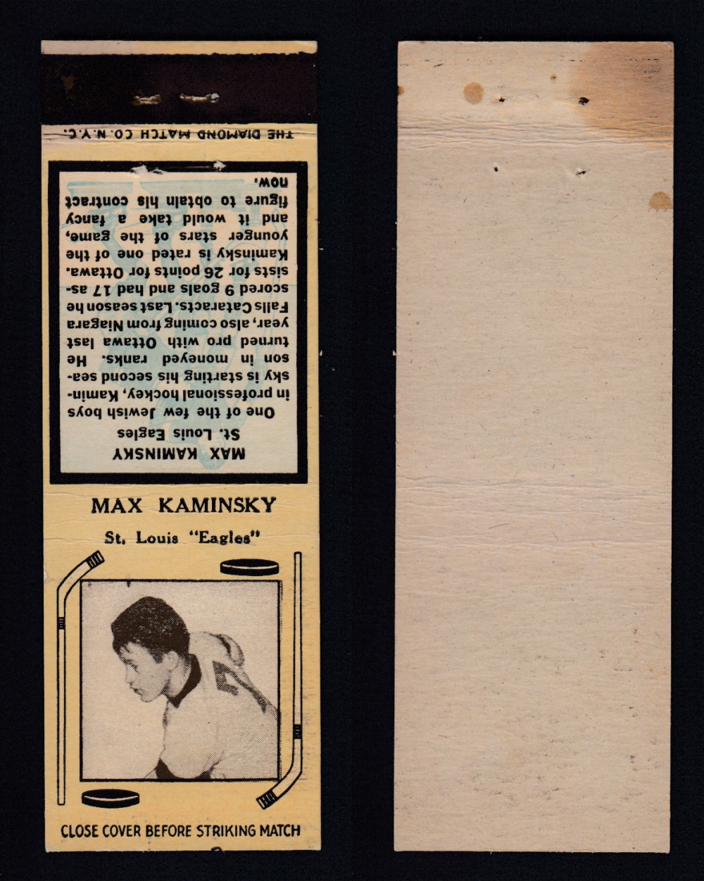 1934-35 DIAMOND MATCHBOOK HOCKEY CARD TYPE 1 M. KAMINSKY photo