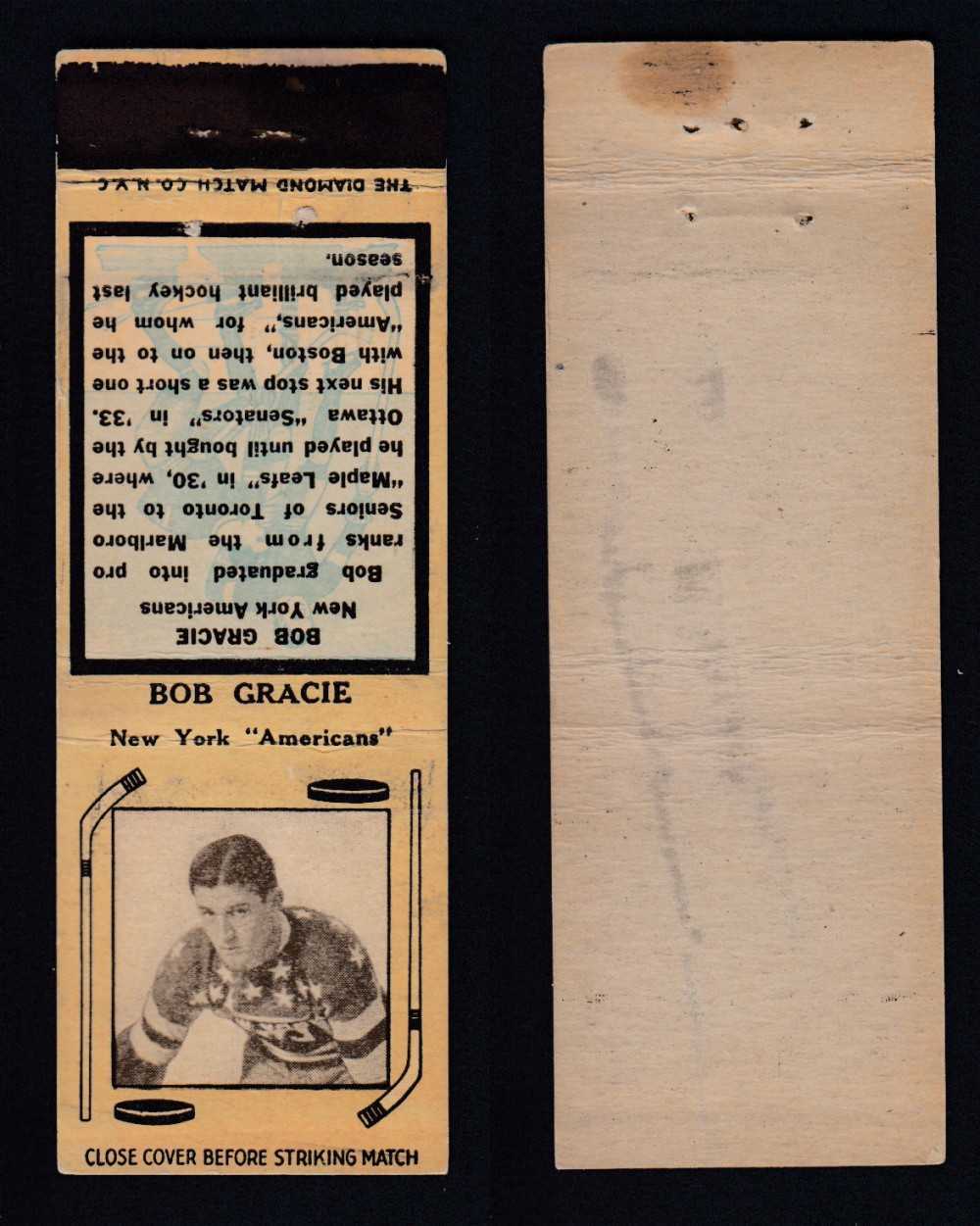 1934-35 DIAMOND MATCHBOOK HOCKEY CARD TYPE 1 B. GRACIE photo