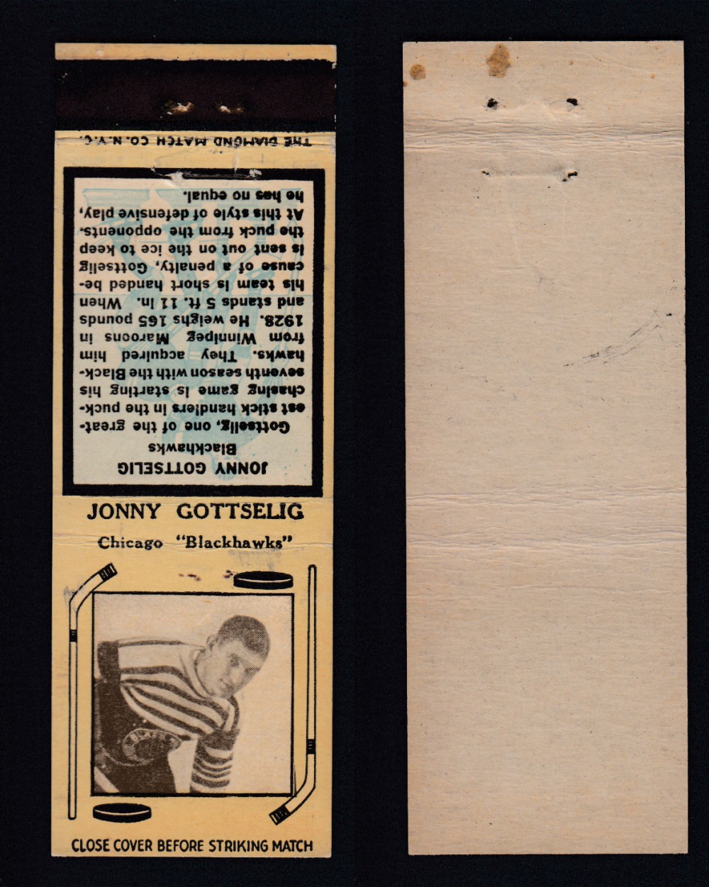 1934-35 DIAMOND MATCHBOOK HOCKEY CARD TYPE 1 J. GOTTSELIG photo