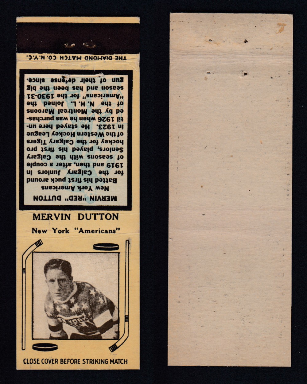 1934-35 DIAMOND MATCHBOOK HOCKEY CARD TYPE 1 M. DUTTON photo