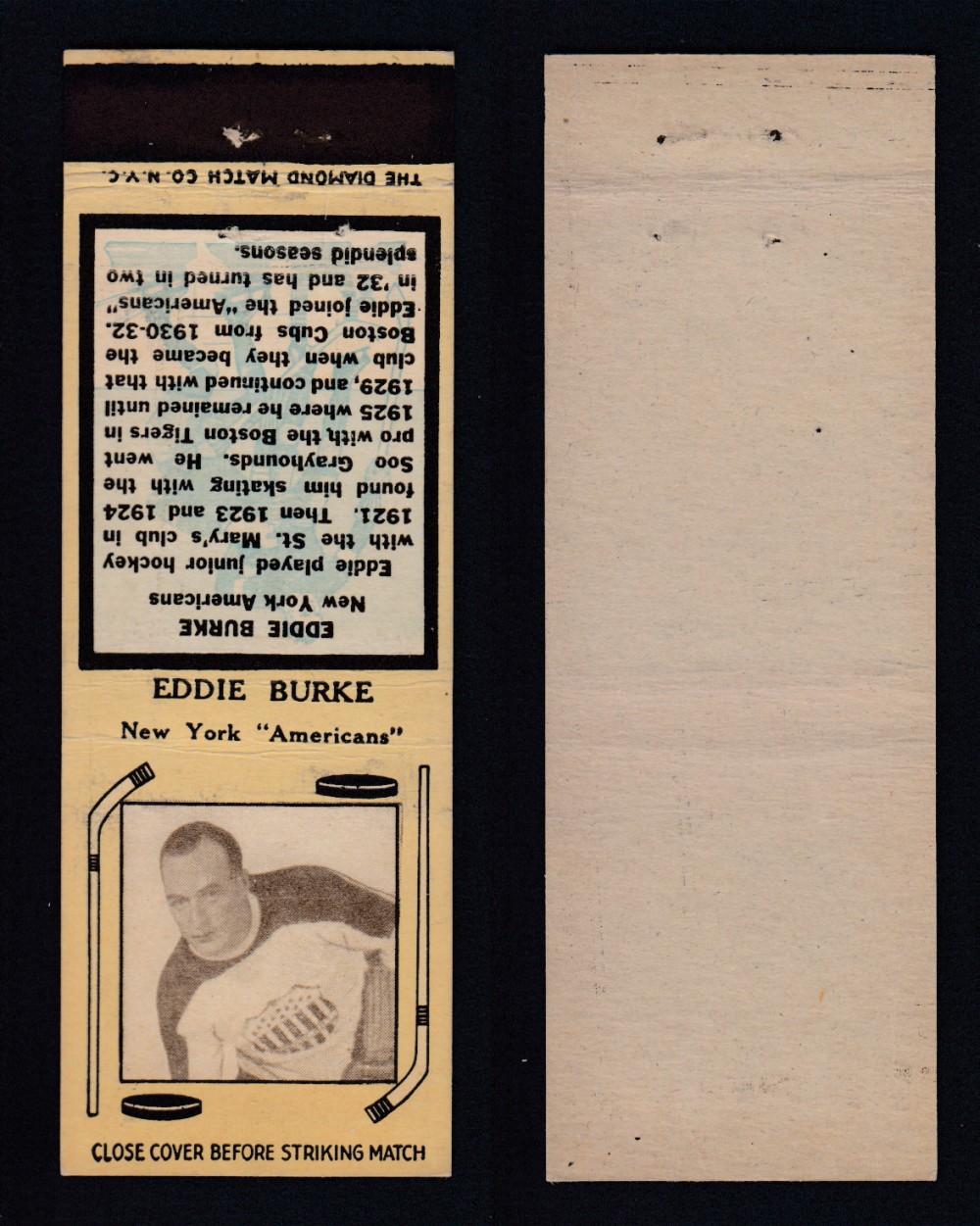 1934-35 DIAMOND MATCHBOOK HOCKEY CARD TYPE 1 E. BURKE photo