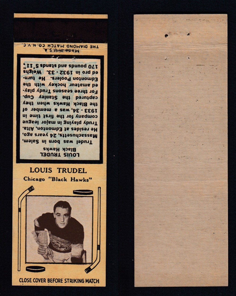 1936-37 DIAMOND MATCHBOOK HOCKEY CARD TYPE 4 L. TRUDEL photo