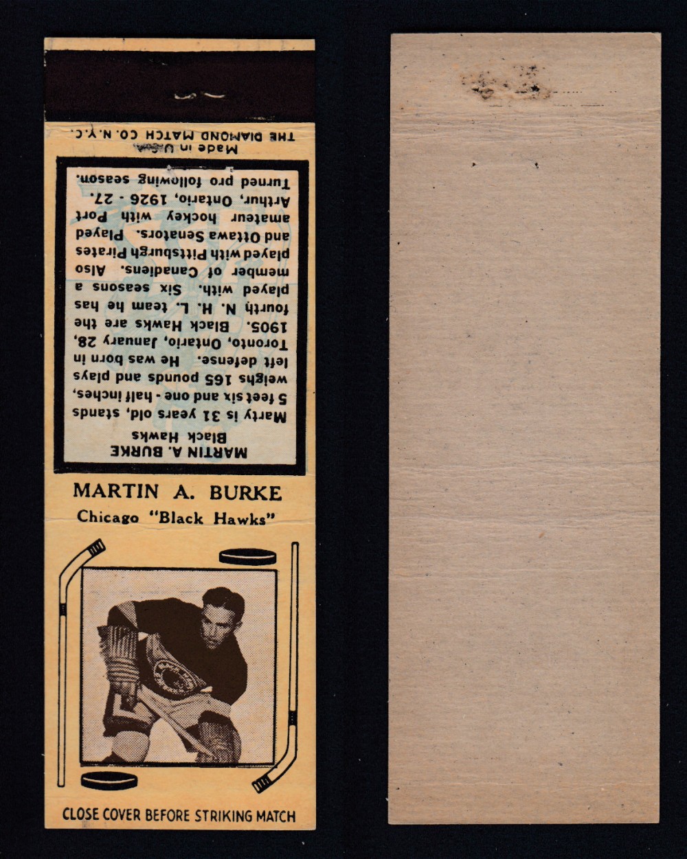 1936-37 DIAMOND MATCHBOOK HOCKEY CARD TYPE 4 M. BURKE photo