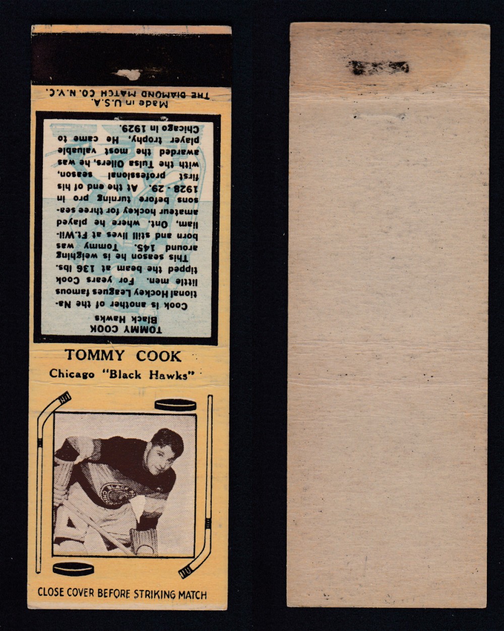 1936-37 DIAMOND MATCHBOOK HOCKEY CARD TYPE 4 T. COOKE photo