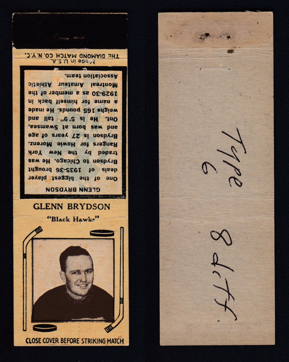 1937-38 DIAMOND MATCHBOOK HOCKEY CARD TYPE 6 G. BRYDSON photo