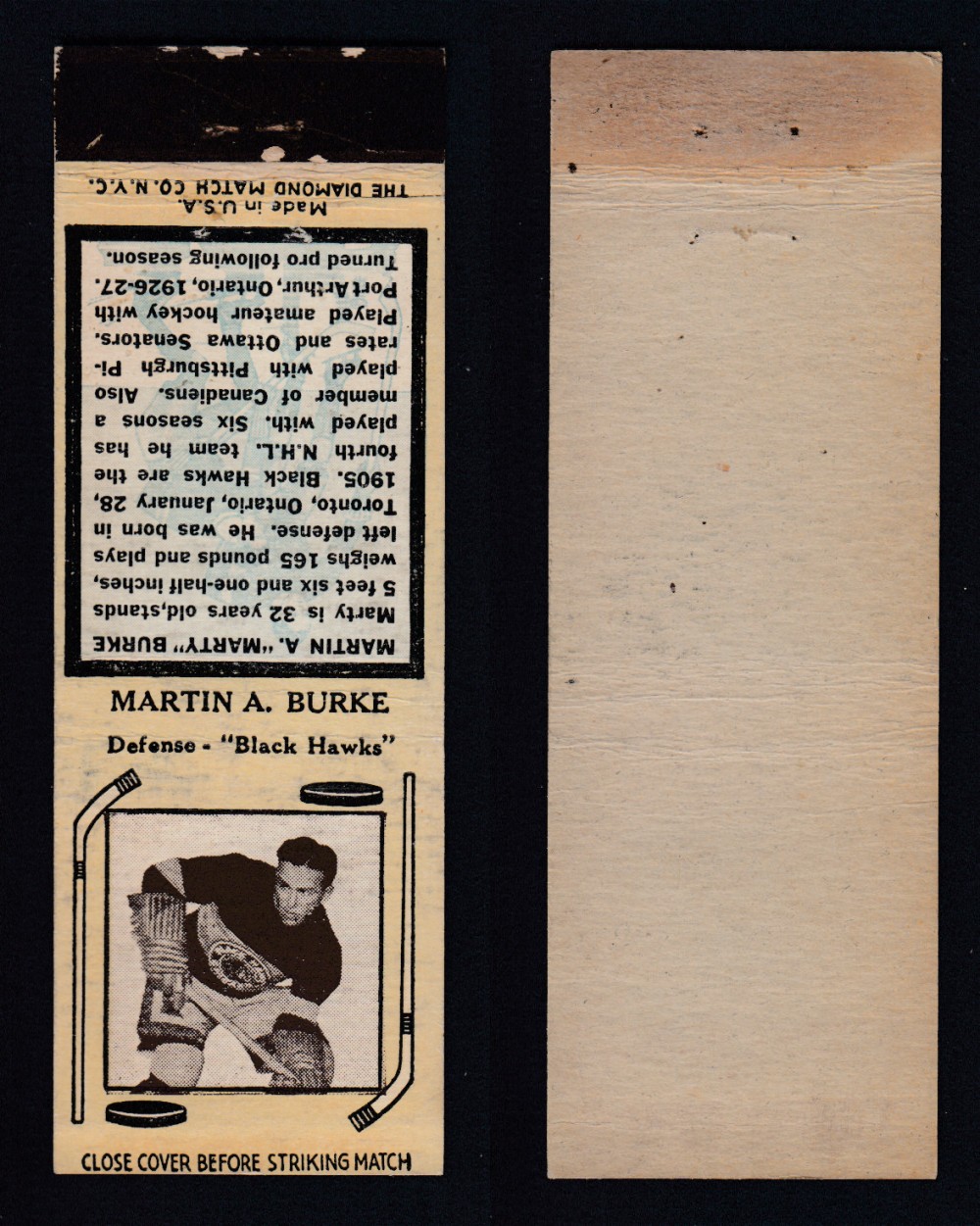 1937-38 DIAMOND MATCHBOOK HOCKEY CARD TYPE 6 M. BURKE photo