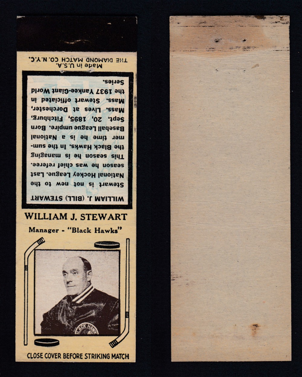 1937-38 DIAMOND MATCHBOOK HOCKEY CARD TYPE 6 W. STEWART photo