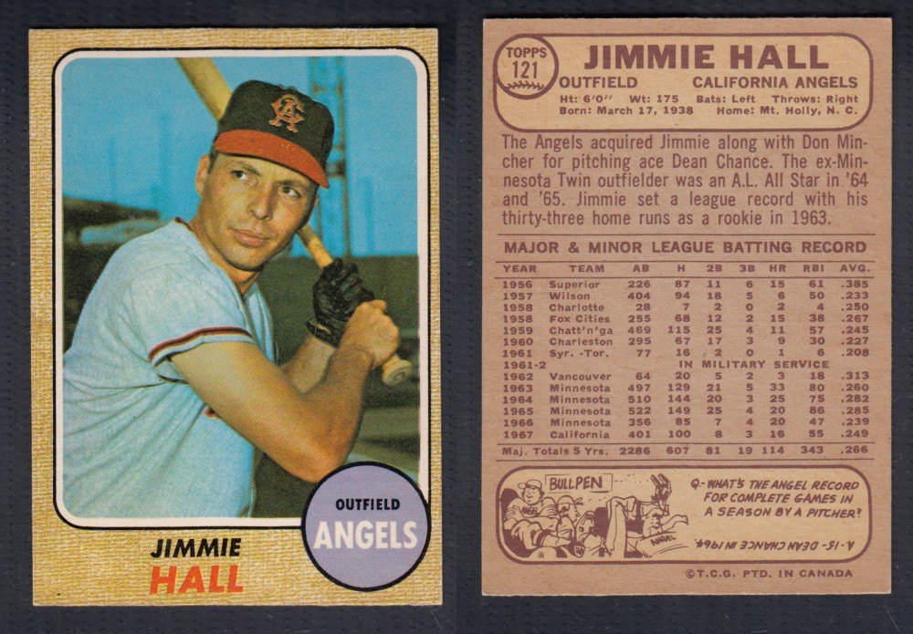 1968 O-PEE-CHEE BASEBALL CARD #121 J. HALL photo