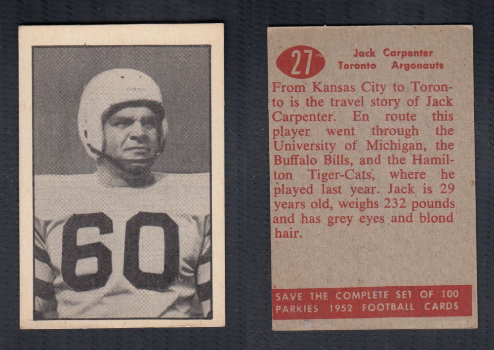 1952 CFL PARKHURST FOOTBALL CARD #27 J. CARPENTER photo