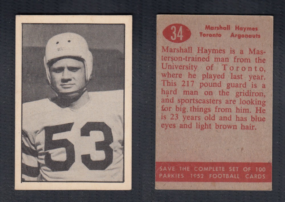 1952 CFL PARKHURST FOOTBALL CARD #34 M. HAYMES photo