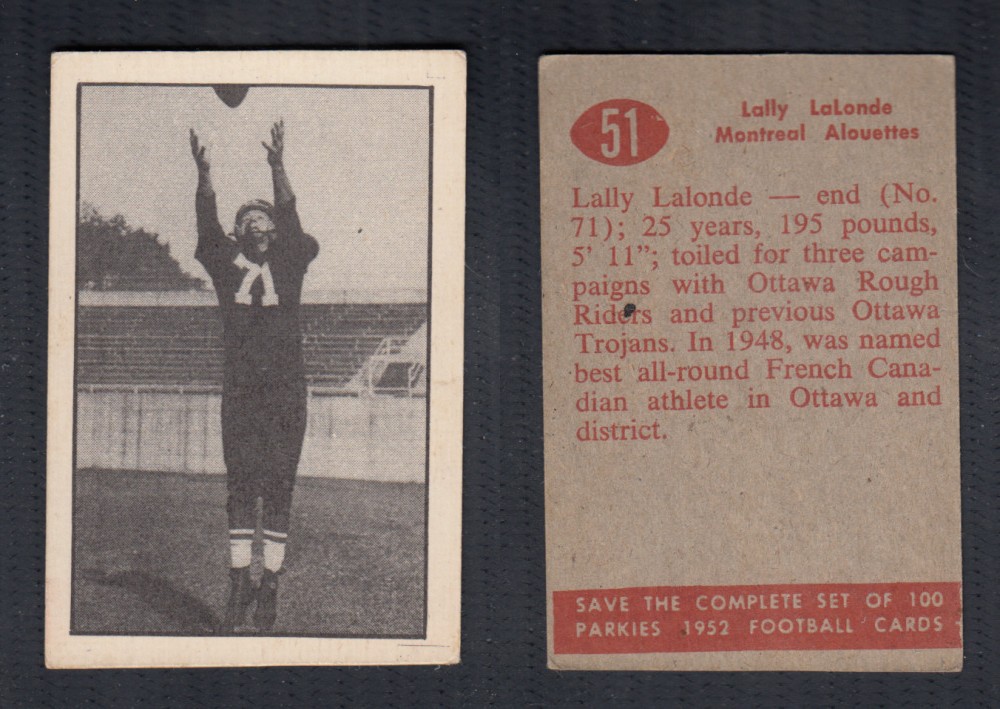 1952 CFL PARKHURST FOOTBALL CARD #51 L. LALONDE photo