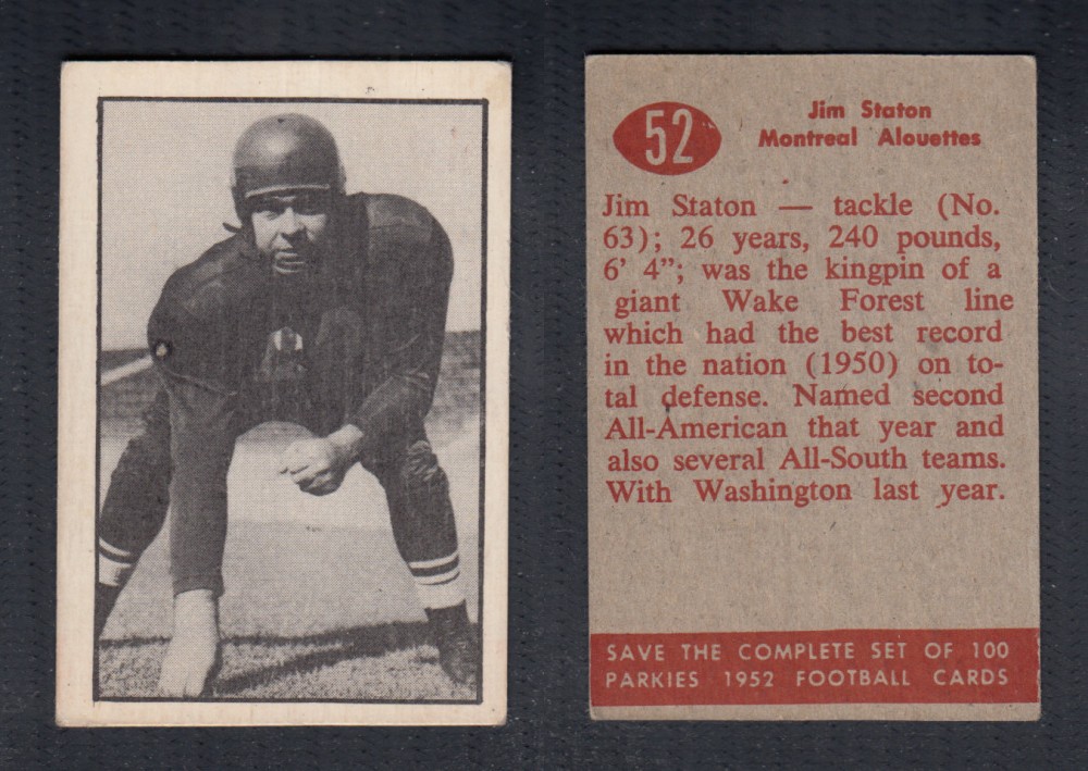 1952 CFL PARKHURST FOOTBALL CARD #52 J. STATON photo