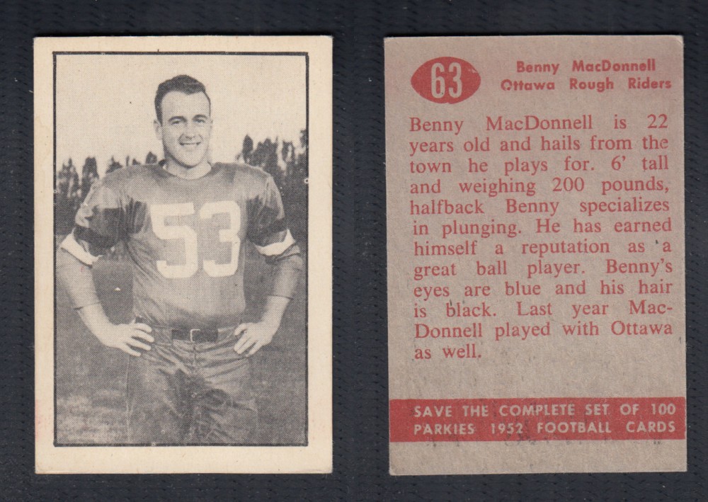 1952 CFL PARKHURST FOOTBALL CARD #63 B. MACDONNELL photo