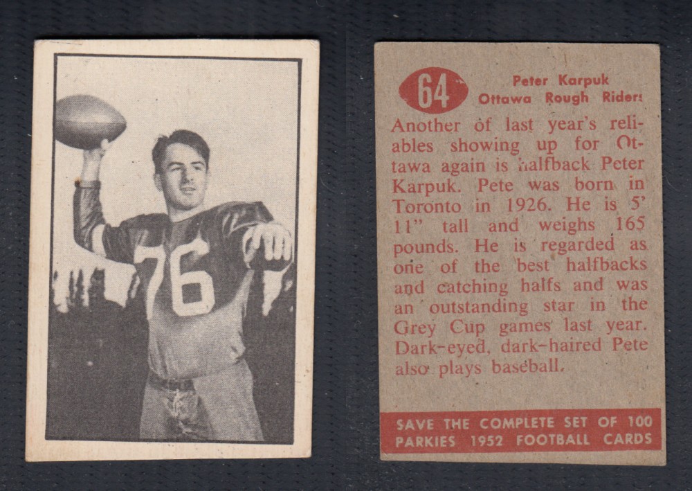 1952 CFL PARKHURST FOOTBALL CARD #64 P. KARPUK photo