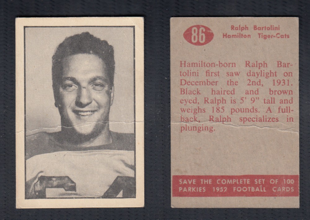 1952 CFL PARKHURST FOOTBALL CARD #86 R. BARTOLINI photo