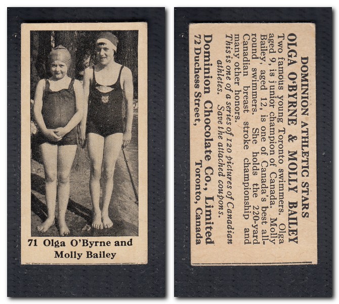1925 V31 DOMINION CHOCOLATE #71 O. O'BYRNE & M. BAILEY SWIMMING CARD photo