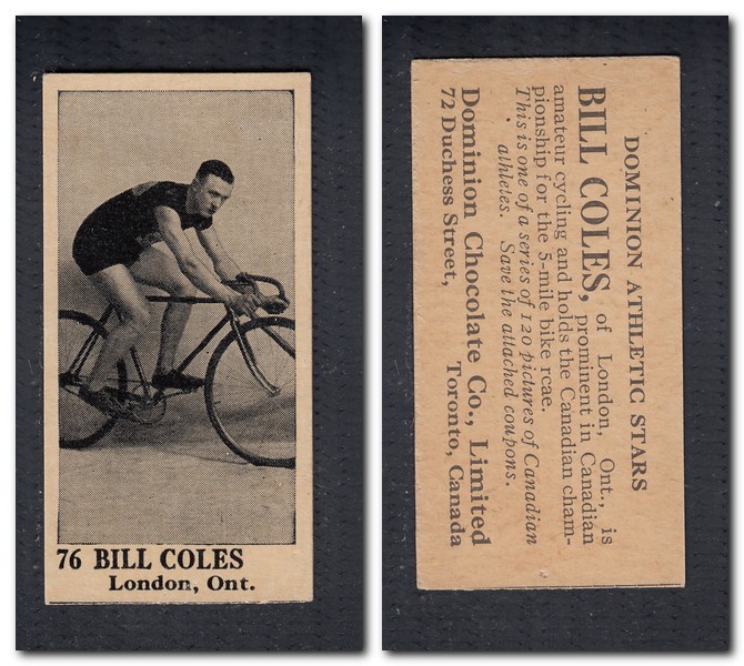 1925 V31 DOMINION CHOCOLATE #76 B. COLES CYCLING CARD photo