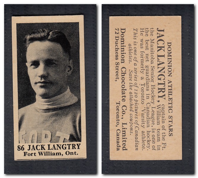 1925 V31 DOMINION CHOCOLATE #86 J. LANGTRY HOCKEY CARD photo