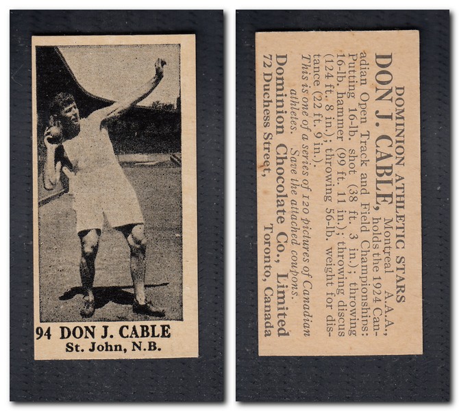 1925 V31 DOMINION CHOCOLATE #94 D. J. CABLE TRACK & FIELD CARD photo