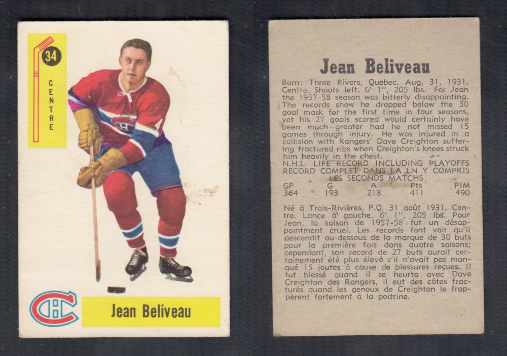 1958-59 PARKHURST HOCKEY CARD #34 J. BELIVEAU photo