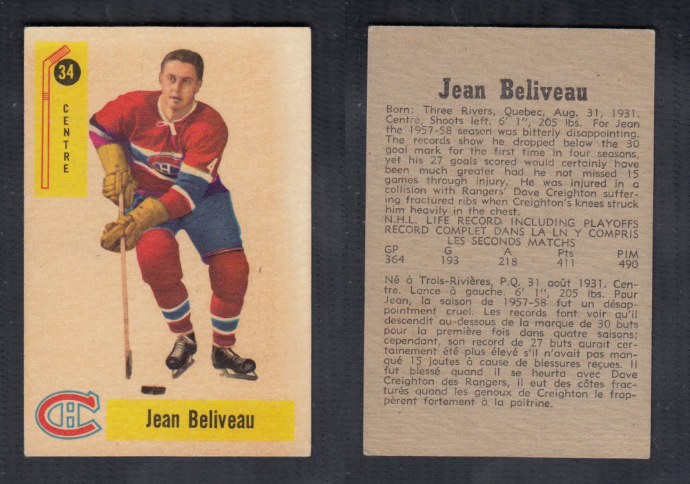 1958-59 PARKHURST HOCKEY CARD #34 J. BELIVEAU photo