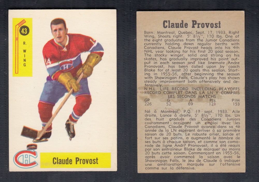 1958-59 PARKHURST HOCKEY CARD #43 C. PROVOST photo