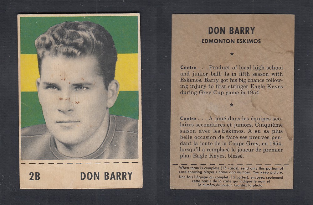 1956 CFL SHREDDED WHEAT FOOTBALL CARD #2B D. BARRY photo