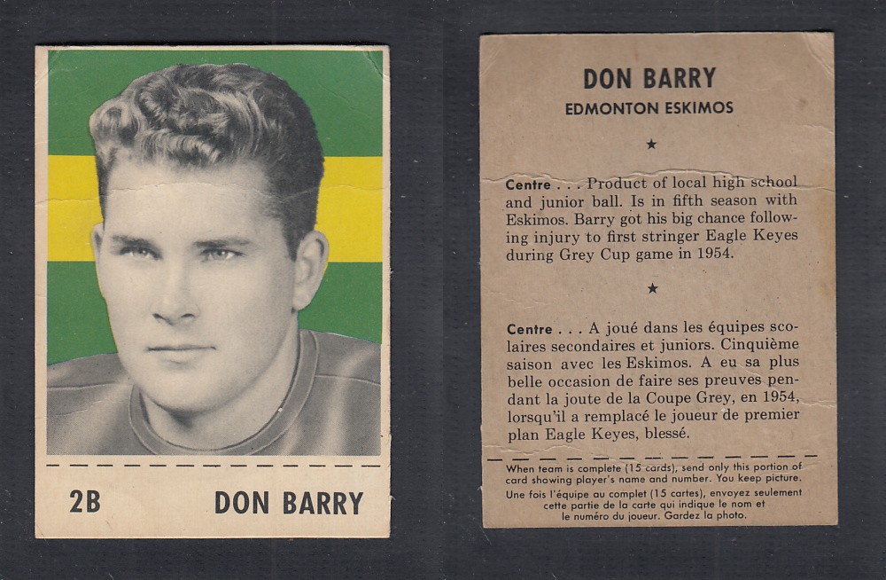 1956 CFL SHREDDED WHEAT FOOTBALL CARD #2B D. BARRY photo