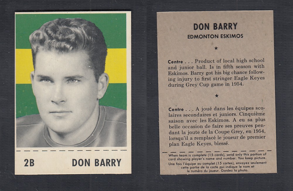 1956 CFL SHREDDED WHEAT FOOTBALL CARD #2B D. BARRY photo