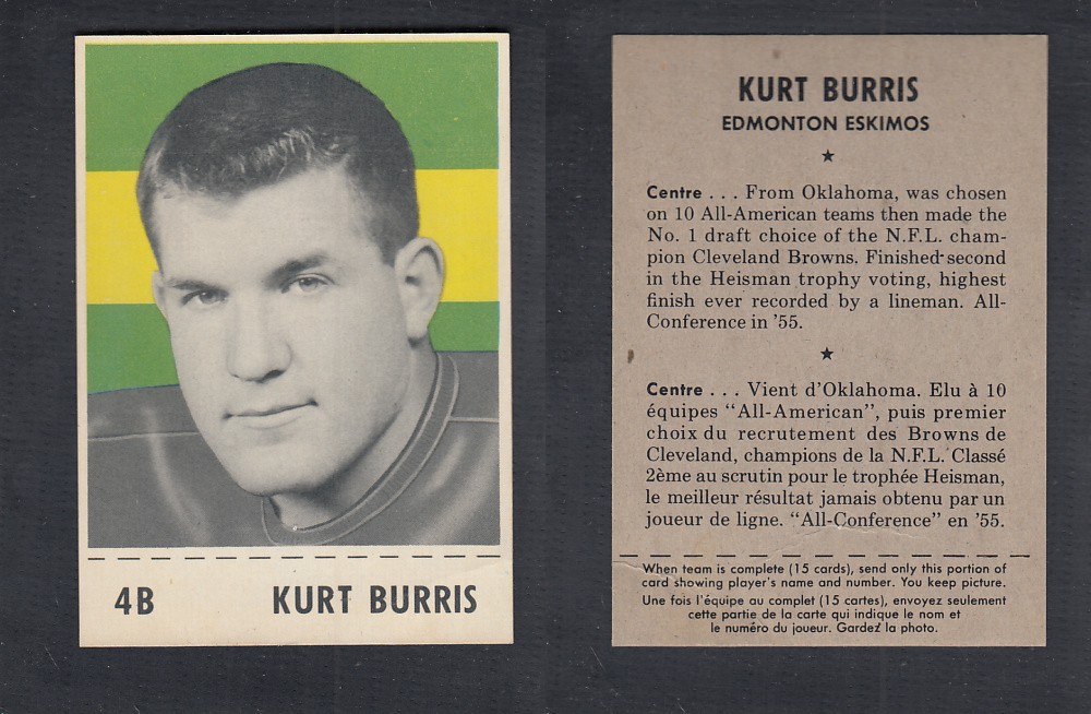 1956 CFL SHREDDED WHEAT FOOTBALL CARD #4B K. BURRIS photo