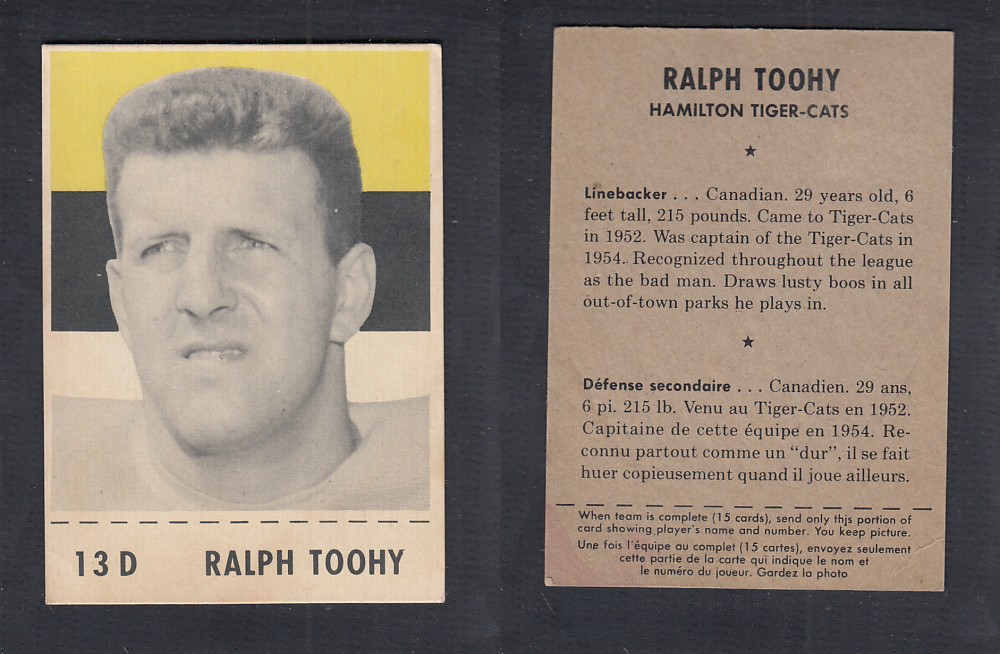 1956 CFL SHREDDED WHEAT FOOTBALL CARD #13D R. TOOHY photo