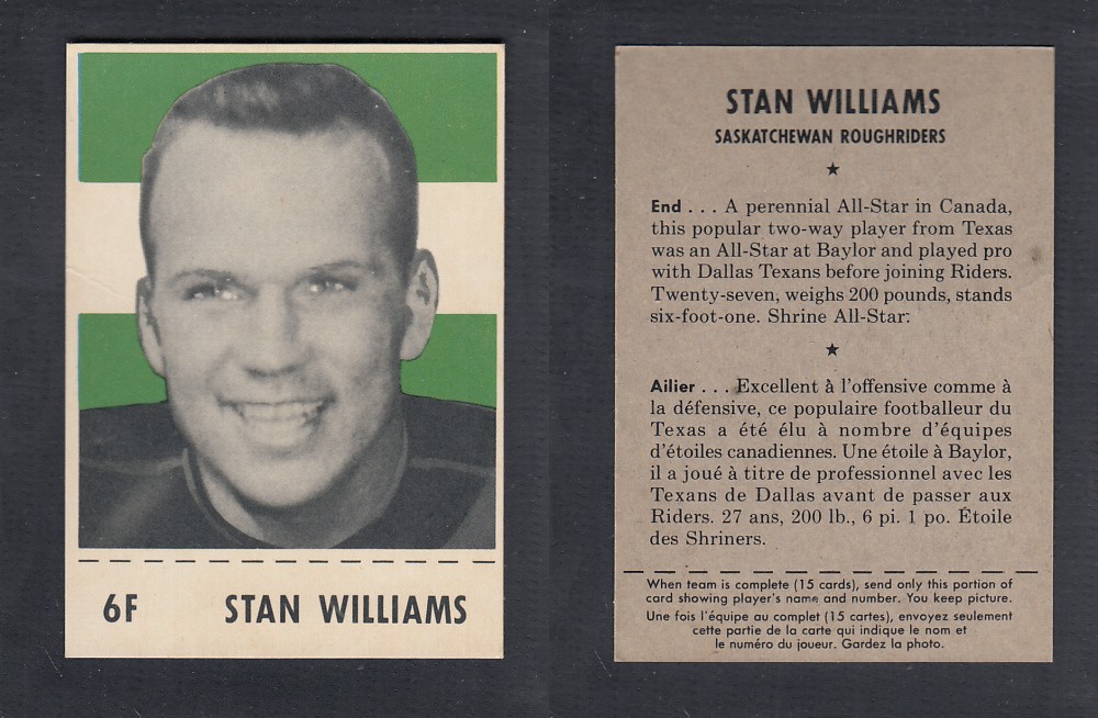 1956 CFL SHREDDED WHEAT FOOTBALL CARD #6F S. WILLIAMS photo