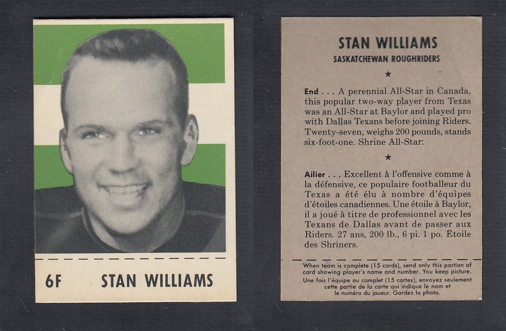 1956 CFL SHREDDED WHEAT FOOTBALL CARD #6F S. WILLIAMS photo