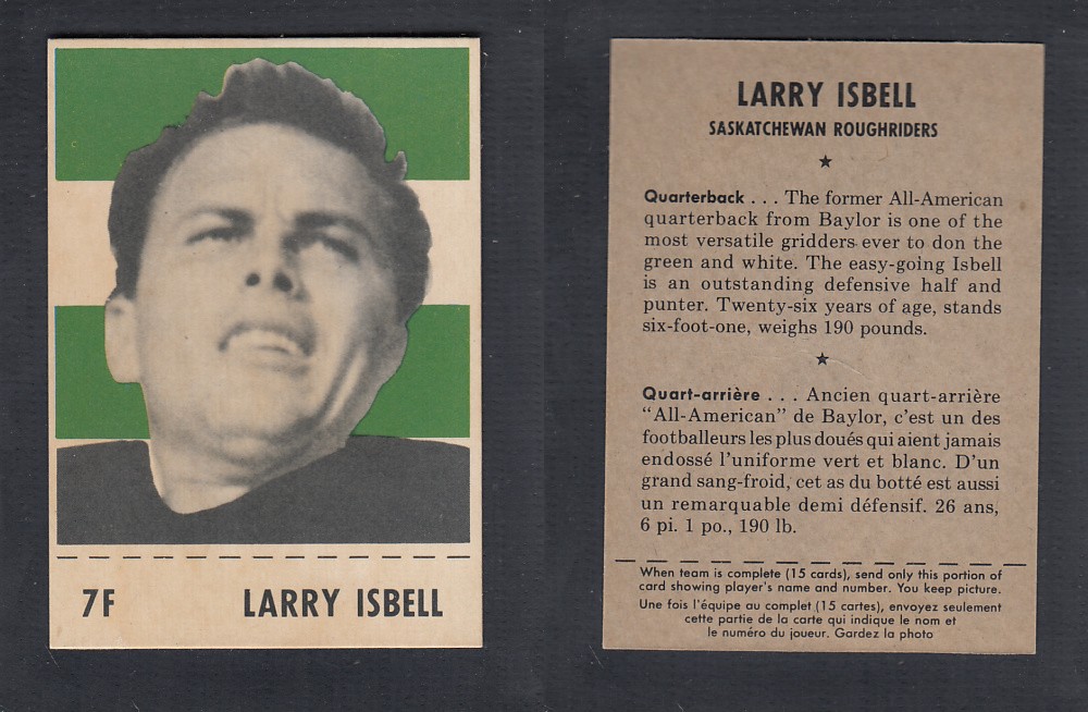 1956 CFL SHREDDED WHEAT FOOTBALL CARD #7F L. ISBELL photo
