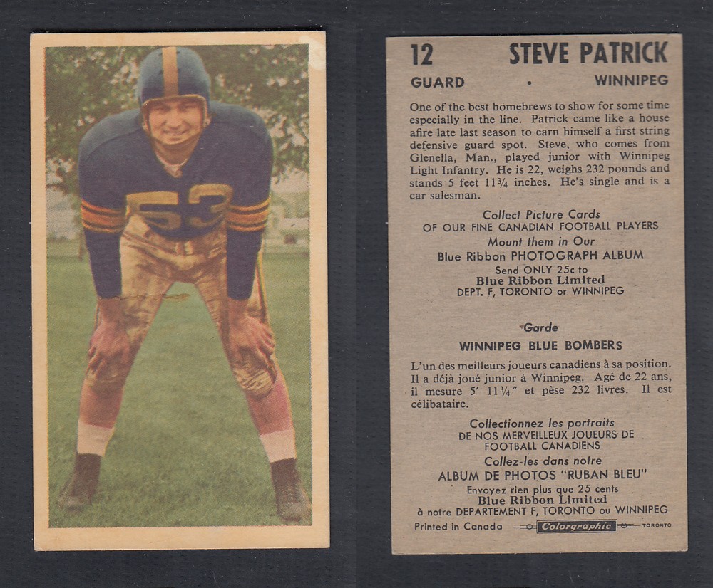 1954 CFL BLUE RIBBON FOOTBALL CARD #12 S. PATRICK photo