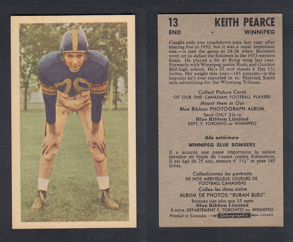 1954 CFL BLUE RIBBON FOOTBALL CARD #13 K. PEARCE photo