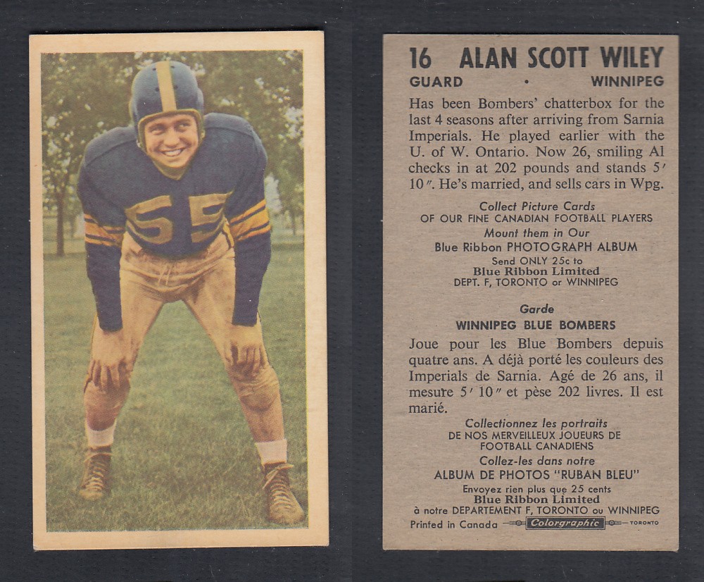 1954 CFL BLUE RIBBON FOOTBALL CARD #16 A. WILEY photo