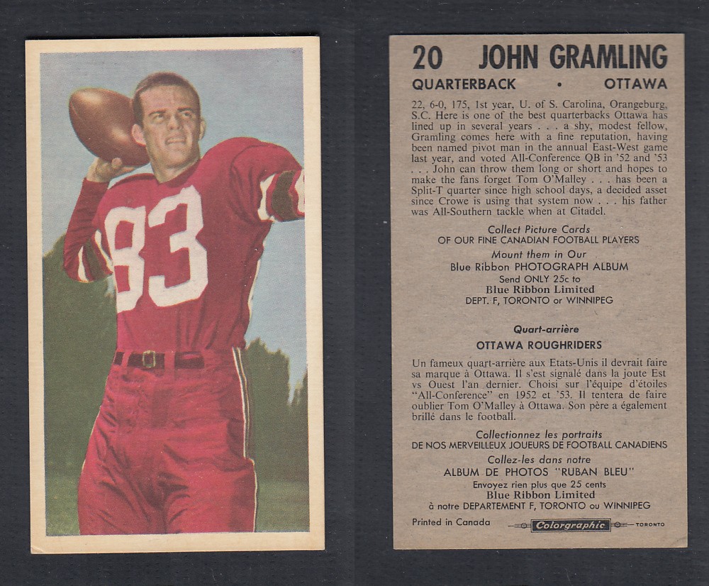 1954 CFL BLUE RIBBON FOOTBALL CARD #20 J. GRAMLING photo