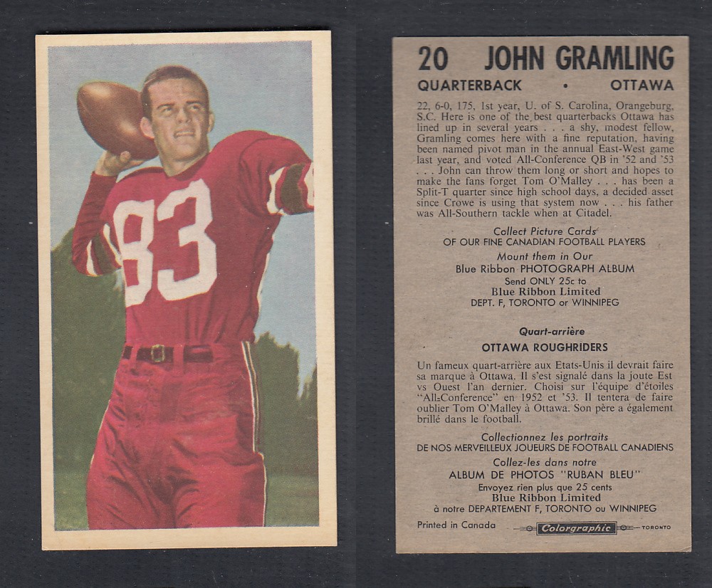 1954 CFL BLUE RIBBON FOOTBALL CARD #20 J. GRAMLING photo