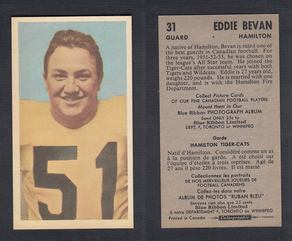 1954 CFL BLUE RIBBON FOOTBALL CARD #31 E. BEVAN photo