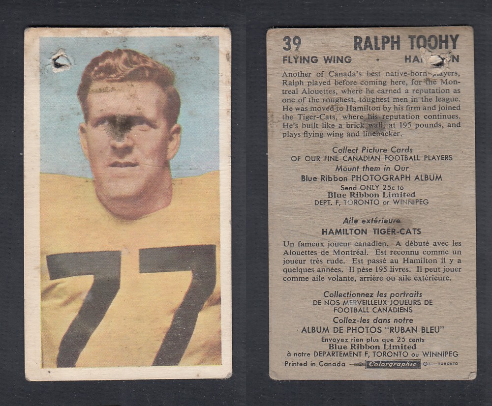 1954 CFL BLUE RIBBON FOOTBALL CARD #39 R. TOOHY photo