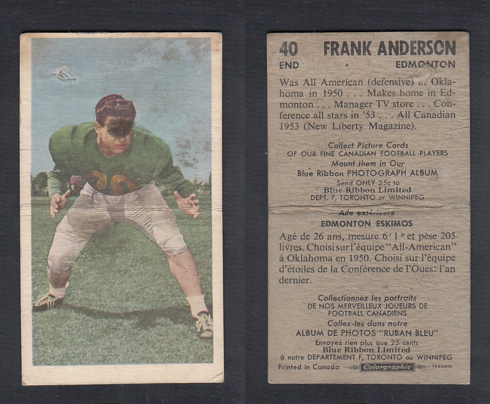 1954 CFL BLUE RIBBON FOOTBALL CARD #40 F. ANDERSON photo