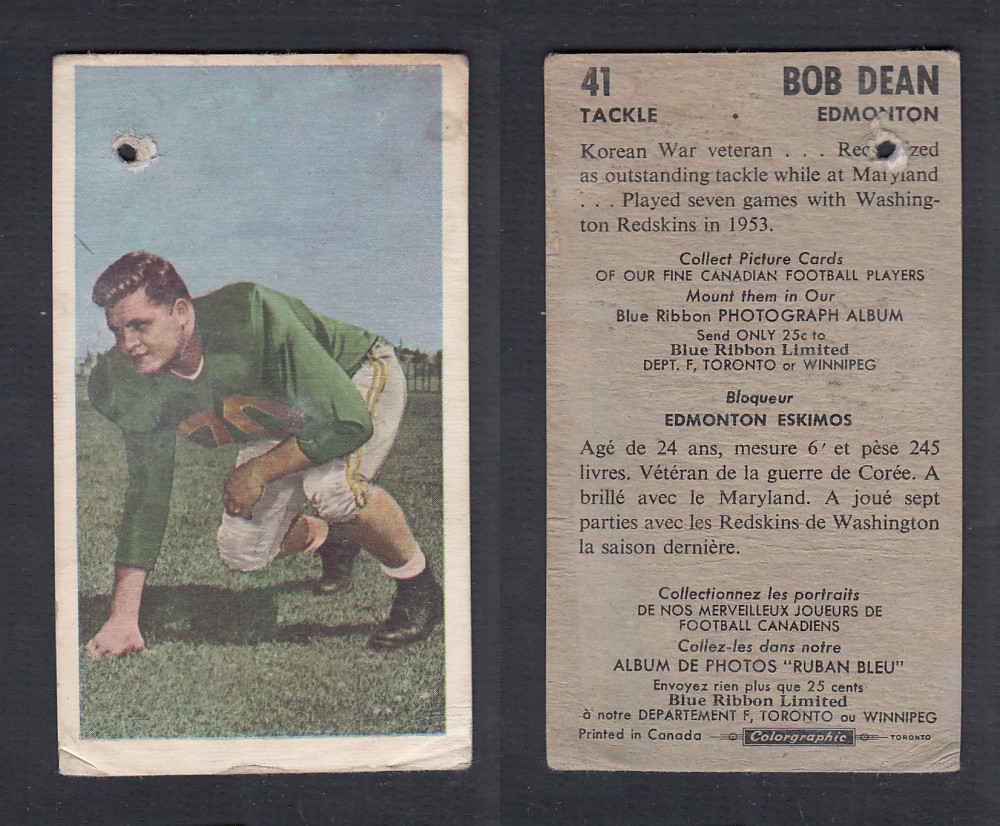 1954 CFL BLUE RIBBON FOOTBALL CARD #41 B. DEAN photo